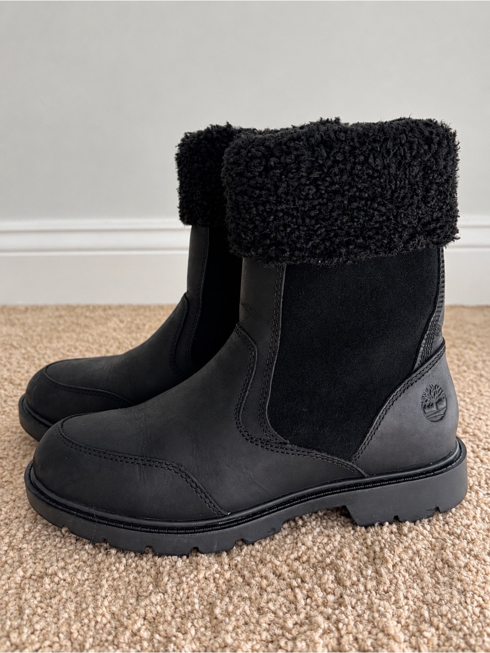 Timberland Black Boots with Fold-Over Fleece Cuffs